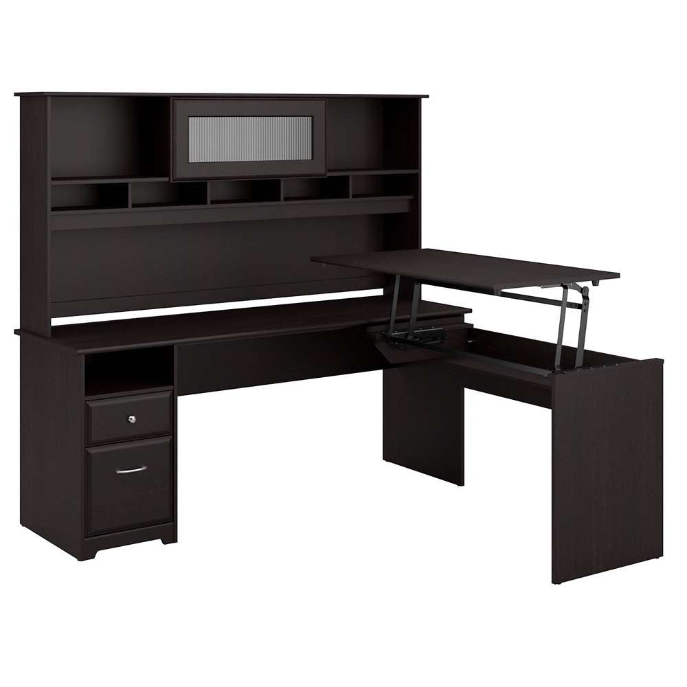 Bush Furniture - Cabot 72W 3 Position L Shaped Sit to Stand Desk with Hutch in Espresso Oak - CAB052EPO veiw 1