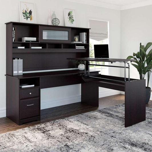 Bush Furniture - Cabot 72W 3 Position L Shaped Sit to Stand Desk with Hutch in Espresso Oak - CAB052EPO veiw 2