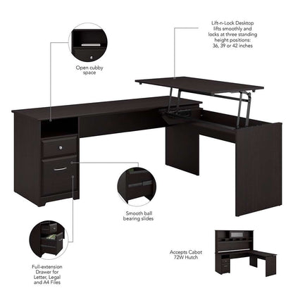 Bush Furniture - Cabot 72W 3 Position L Shaped Sit to Stand Desk with Hutch in Espresso Oak - CAB052EPO veiw 7
