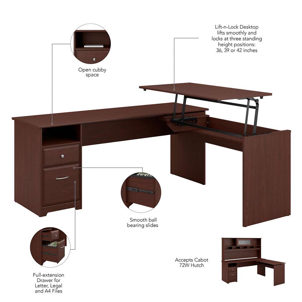 Bush Furniture - Cabot 72W 3 Position L Shaped Sit to Stand Desk with Hutch in Harvest Cherry - CAB052HVC veiw 7