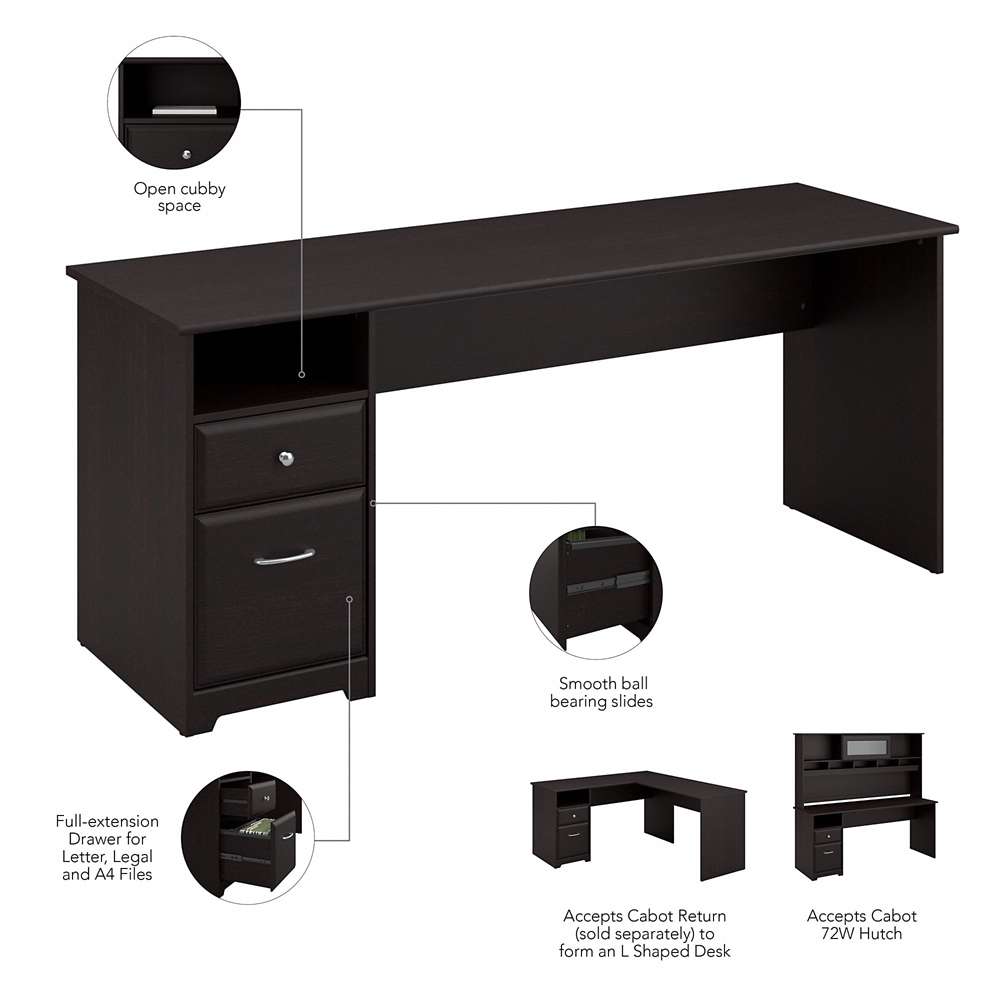 Bush Furniture - Cabot 72W Computer Desk with Hutch and Drawers in Espresso Oak - CAB049EPO veiw 7