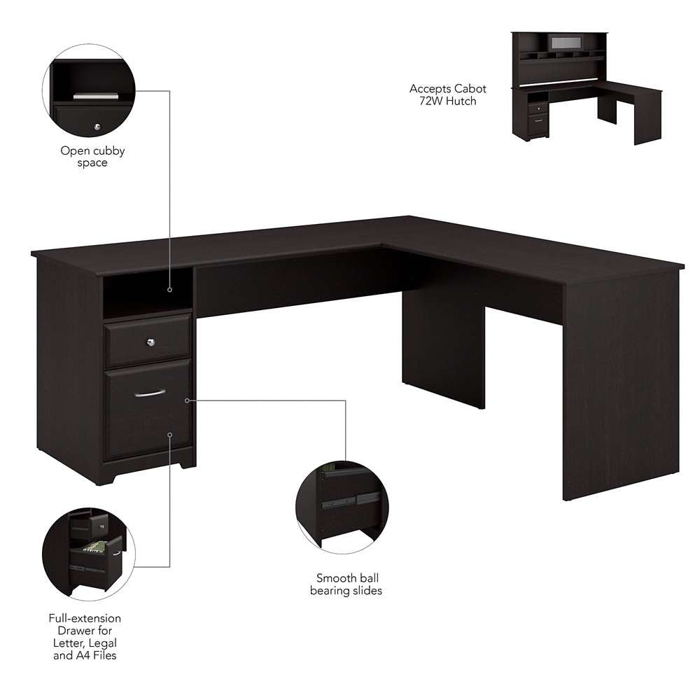 Bush Furniture - Cabot 72W L Shaped Computer Desk with Hutch and Drawers in Espresso Oak - CAB053EPO veiw 7