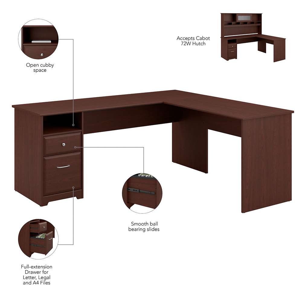 Bush Furniture - Cabot 72W L Shaped Computer Desk with Hutch and Drawers in Harvest Cherry - CAB053HVC veiw 7