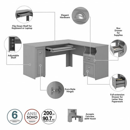 Bush Furniture - Fairview 60W L Shaped Desk with Hutch in Cape Cod Gray - FV004CG veiw 3
