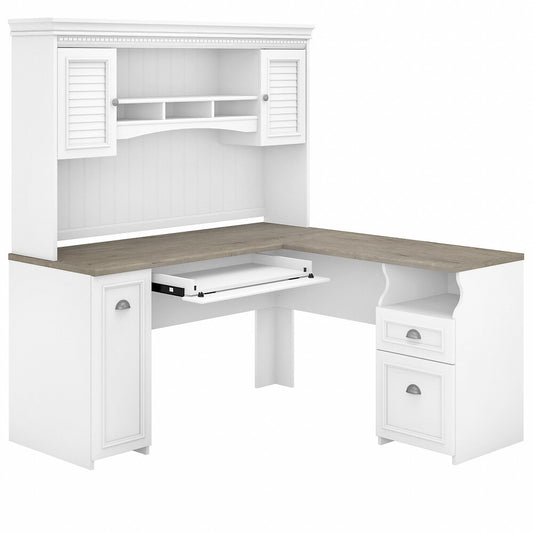 Bush Furniture - Fairview 60W L Shaped Desk with Hutch in Pure White and Shiplap Gray - FV004G2W veiw 1