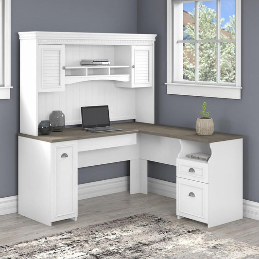 Bush Furniture - Fairview 60W L Shaped Desk with Hutch in Pure White and Shiplap Gray - FV004G2W veiw 2