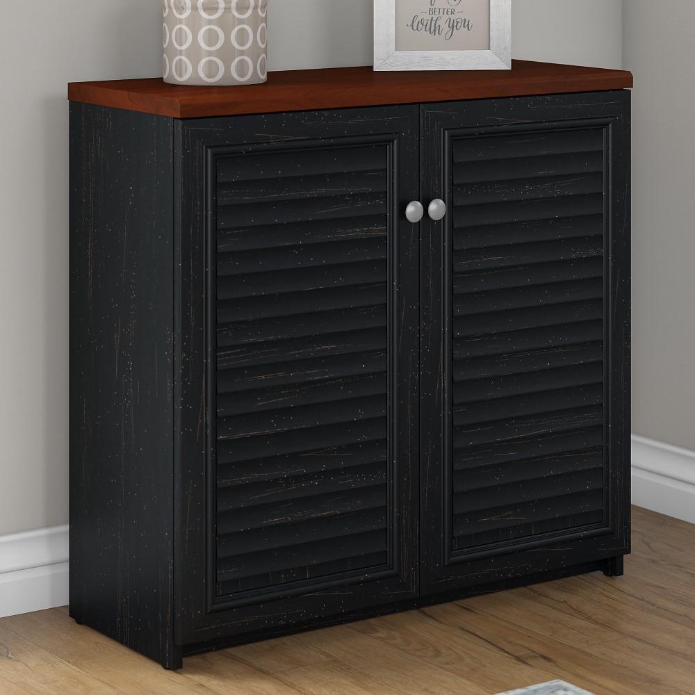Bush Furniture - Fairview Small Storage Cabinet with Doors in Antique Black and Hansen Cherry - WC53996-03 veiw 2