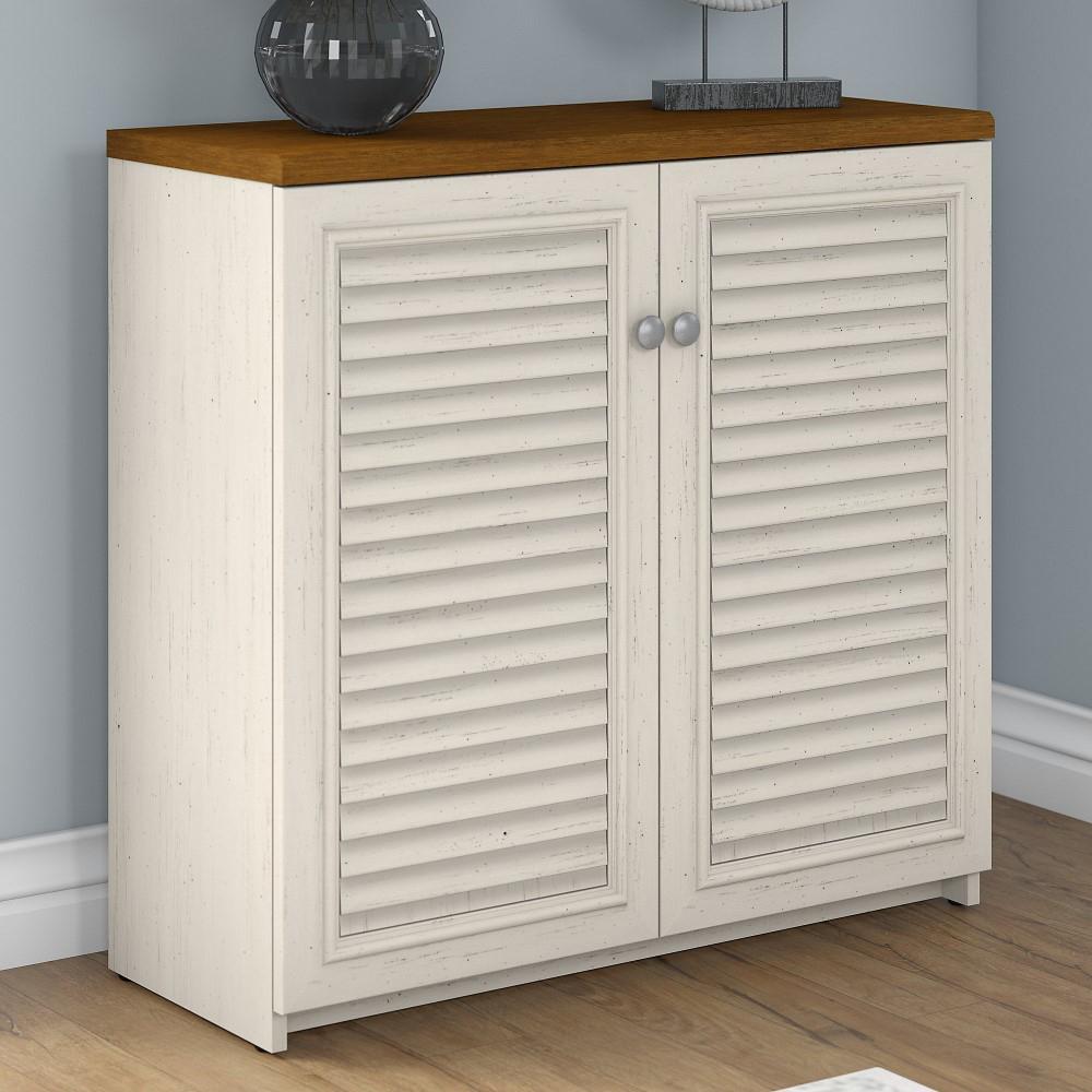 Bush Furniture - Fairview Small Storage Cabinet with Doors in Antique White and Tea Maple - WC53296-03 veiw 2