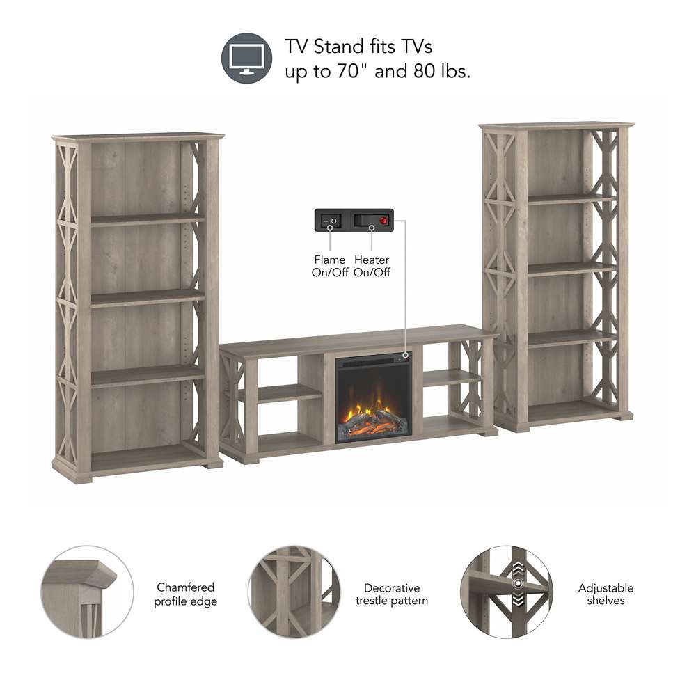 Bush Furniture - Homestead 60W Fireplace TV Stand w Bookcases in Driftwood Gray - HOT014DG veiw 3