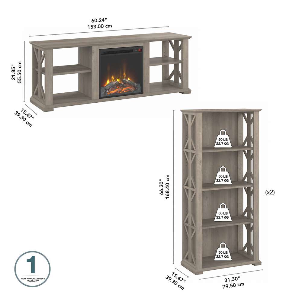 Bush Furniture - Homestead 60W Fireplace TV Stand w Bookcases in Driftwood Gray - HOT014DG veiw 5