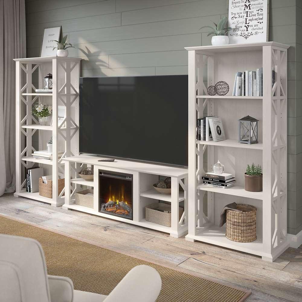 Bush Furniture - Homestead 60W Fireplace TV Stand w Bookcases in Linen White Oak - HOT014LW veiw 2