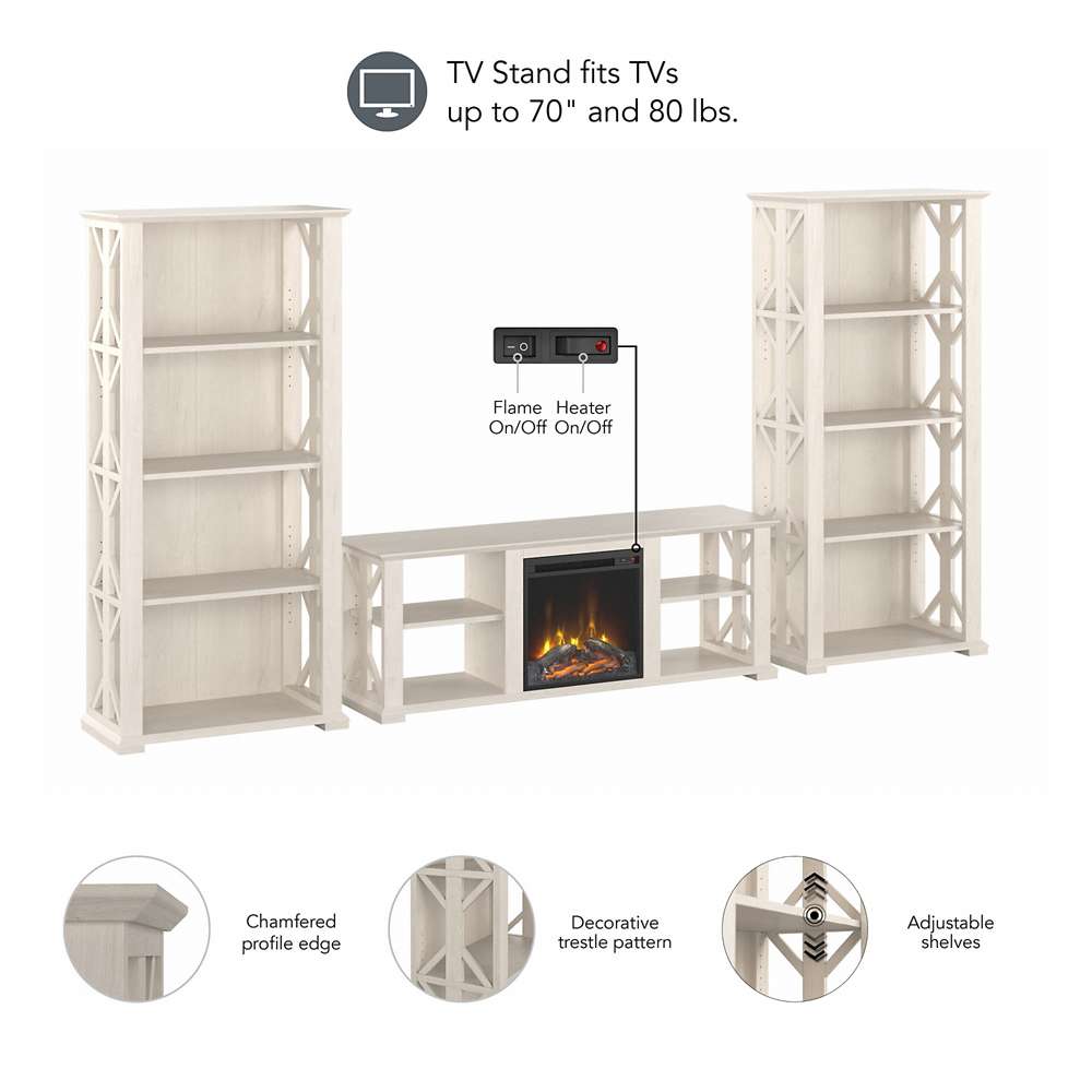 Bush Furniture - Homestead 60W Fireplace TV Stand w Bookcases in Linen White Oak - HOT014LW veiw 3