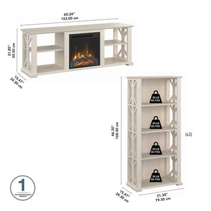 Bush Furniture - Homestead 60W Fireplace TV Stand w Bookcases in Linen White Oak - HOT014LW veiw 5