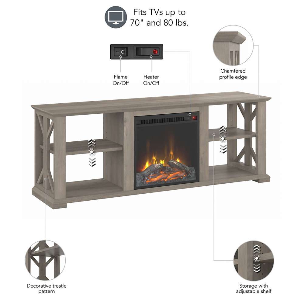 Bush Furniture - Homestead 60W TV Stand w Electric Fireplace Insert in Driftwood Gray - HOT003DG veiw 3
