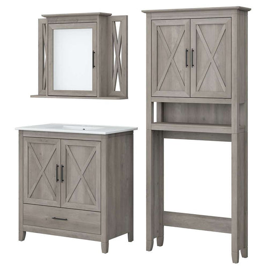 Bush Furniture - Key West 32W Bathroom Vanity Sink with Mirror and Over Toilet Storage Cabinet in Driftwood Gray - KWS032DG veiw 1