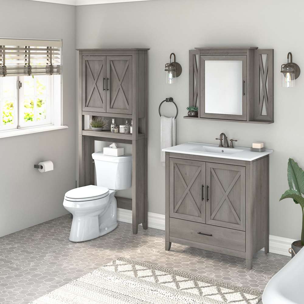 Bush Furniture - Key West 32W Bathroom Vanity Sink with Mirror and Over Toilet Storage Cabinet in Driftwood Gray - KWS032DG veiw 4