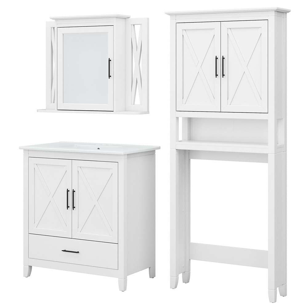 Bush Furniture - Key West 32W Bathroom Vanity Sink with Mirror and Over Toilet Storage Cabinet in White Ash - KWS032WAS veiw 1