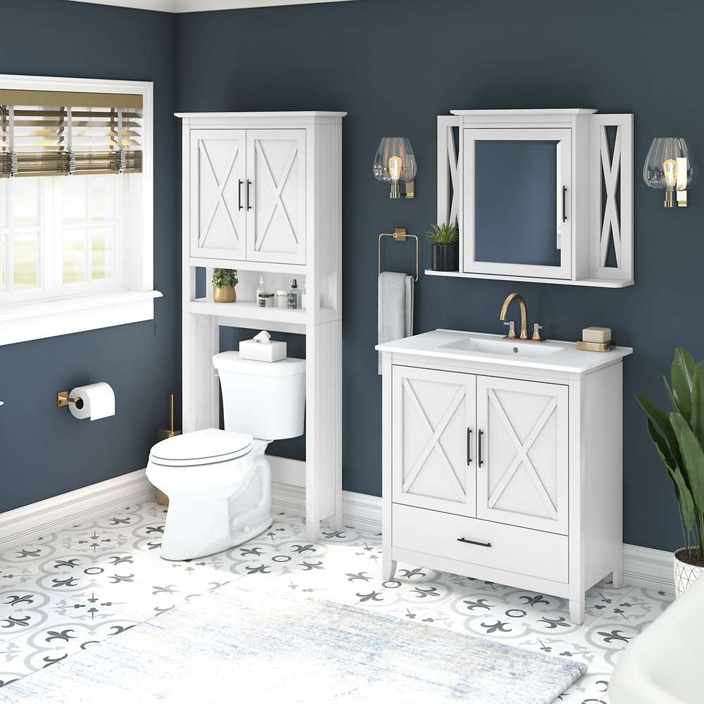 Bush Furniture - Key West 32W Bathroom Vanity Sink with Mirror and Over Toilet Storage Cabinet in White Ash - KWS032WAS veiw 4