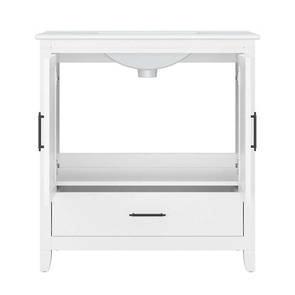 Bush Furniture - Key West 32W Bathroom Vanity Sink with Mirror and Over Toilet Storage Cabinet in White Ash - KWS032WAS veiw 5