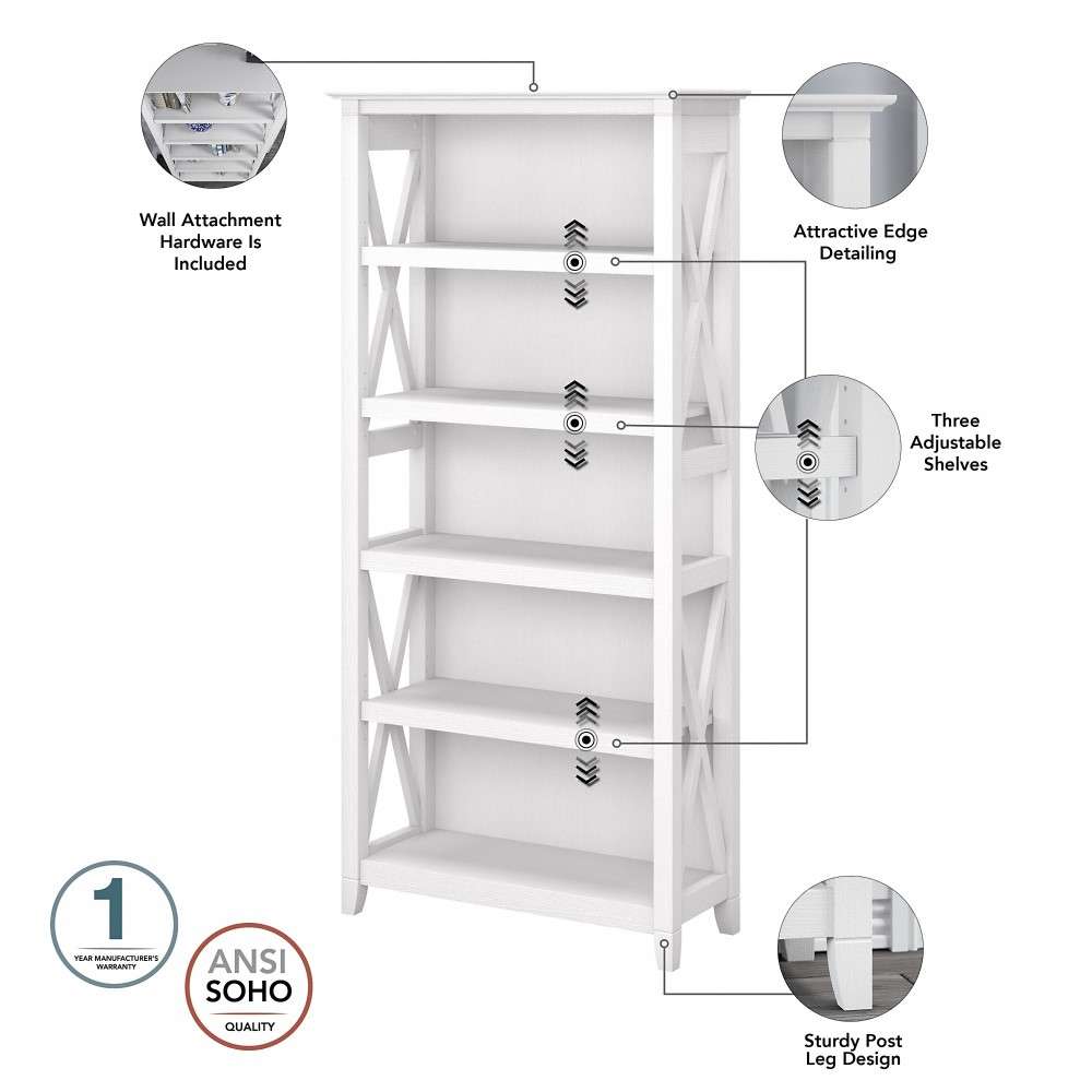 Bush Furniture - Key West 5 Shelf Bookcase Set in Pure White Oak - KWS046WT veiw 3