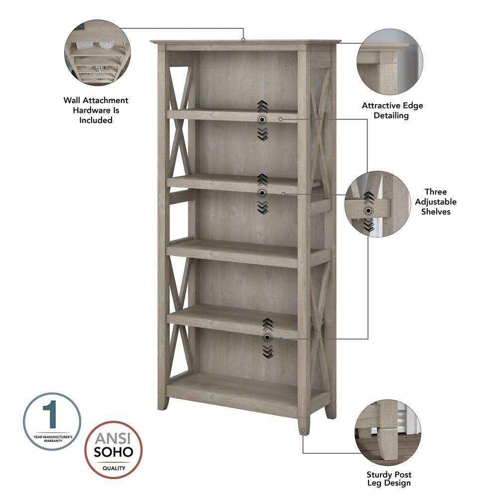 Bush Furniture - Key West 5 Shelf Bookcase Set in Washed Gray - KWS046WG veiw 3