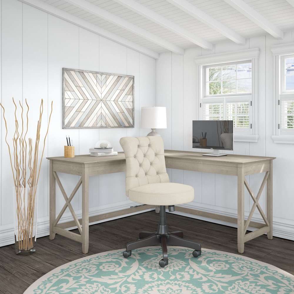 Bush Furniture - Key West 60W L Shaped Desk with Mid Back Tufted Office Chair in Washed Gray - KWS045WG veiw 1