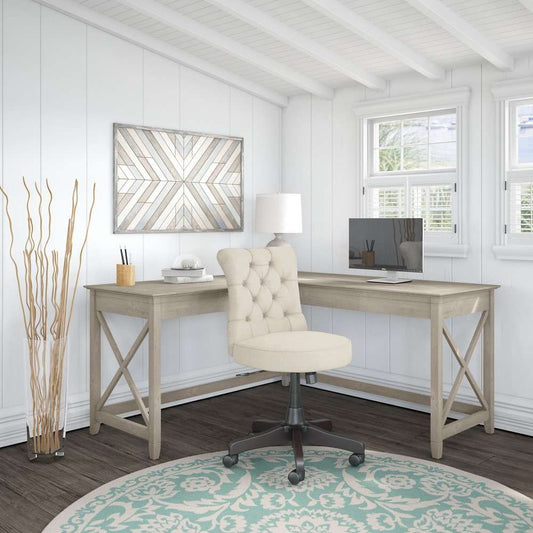 Bush Furniture - Key West 60W L Shaped Desk with Mid Back Tufted Office Chair in Washed Gray - KWS045WG veiw 1