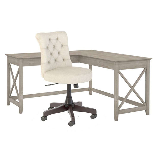 Bush Furniture - Key West 60W L Shaped Desk with Mid Back Tufted Office Chair in Washed Gray - KWS045WG veiw 2