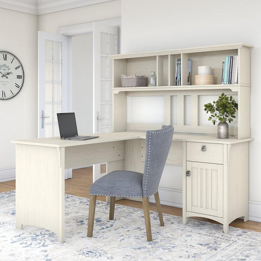 Bush Furniture - Salinas 60W L Shaped Desk with Hutch in Antique White - SAL004AW veiw 2