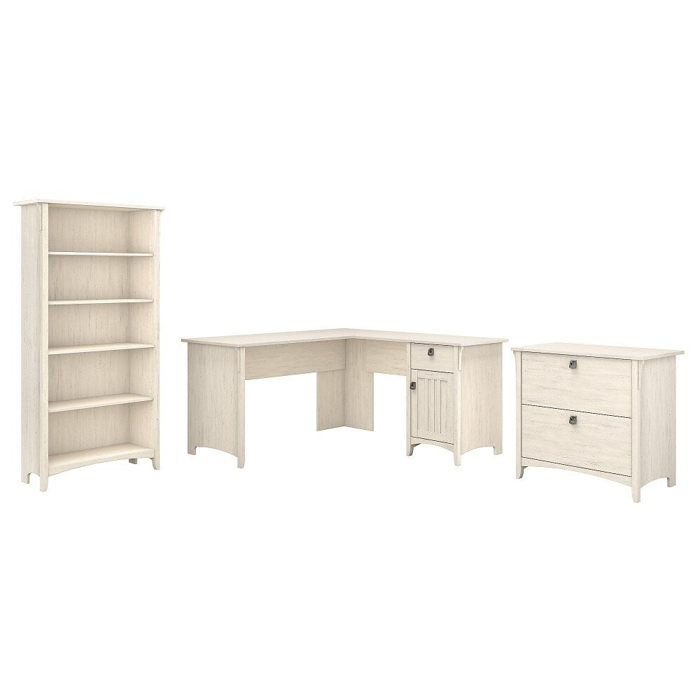 Bush Furniture - Salinas 60W L Shaped Desk with Lateral File Cabinet and Bookcase in Antique White - SAL003AW veiw 1