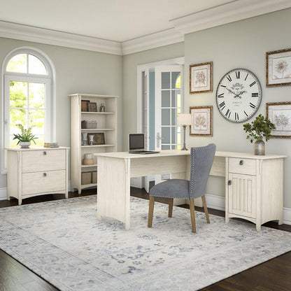 Bush Furniture - Salinas 60W L Shaped Desk with Lateral File Cabinet and Bookcase in Antique White - SAL003AW veiw 2