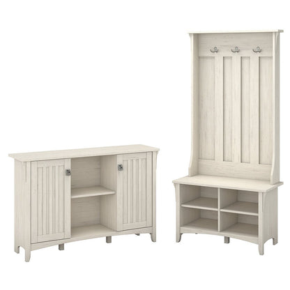 Bush Furniture - Salinas Entryway Storage Set with Hall Tree, Shoe Bench and Cabinet in Antique White - SAL008AW veiw 1