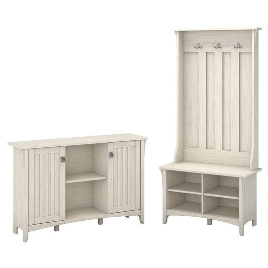 Bush Furniture - Salinas Entryway Storage Set with Hall Tree, Shoe Bench and Cabinet in Antique White - SAL008AW veiw 1
