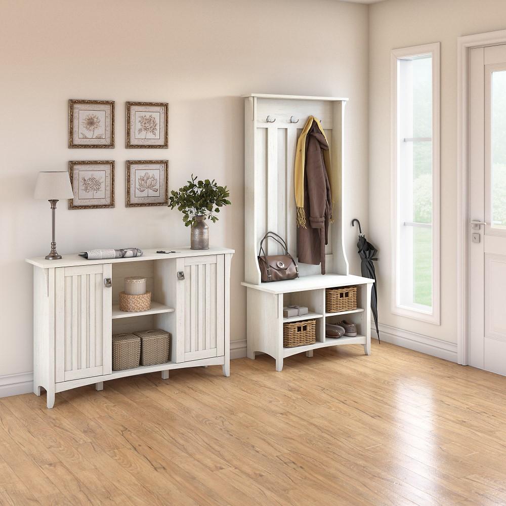 Bush Furniture - Salinas Entryway Storage Set with Hall Tree, Shoe Bench and Cabinet in Antique White - SAL008AW veiw 2