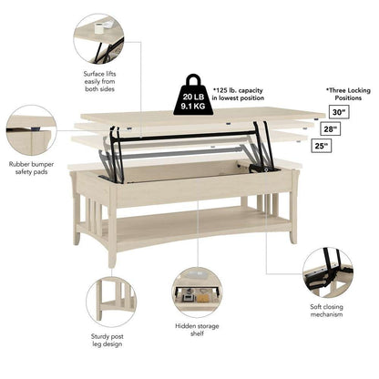 Bush Furniture - Salinas Lift Top Coffee Table Desk with Storage in Antique White - SAT348AW-03 veiw 3