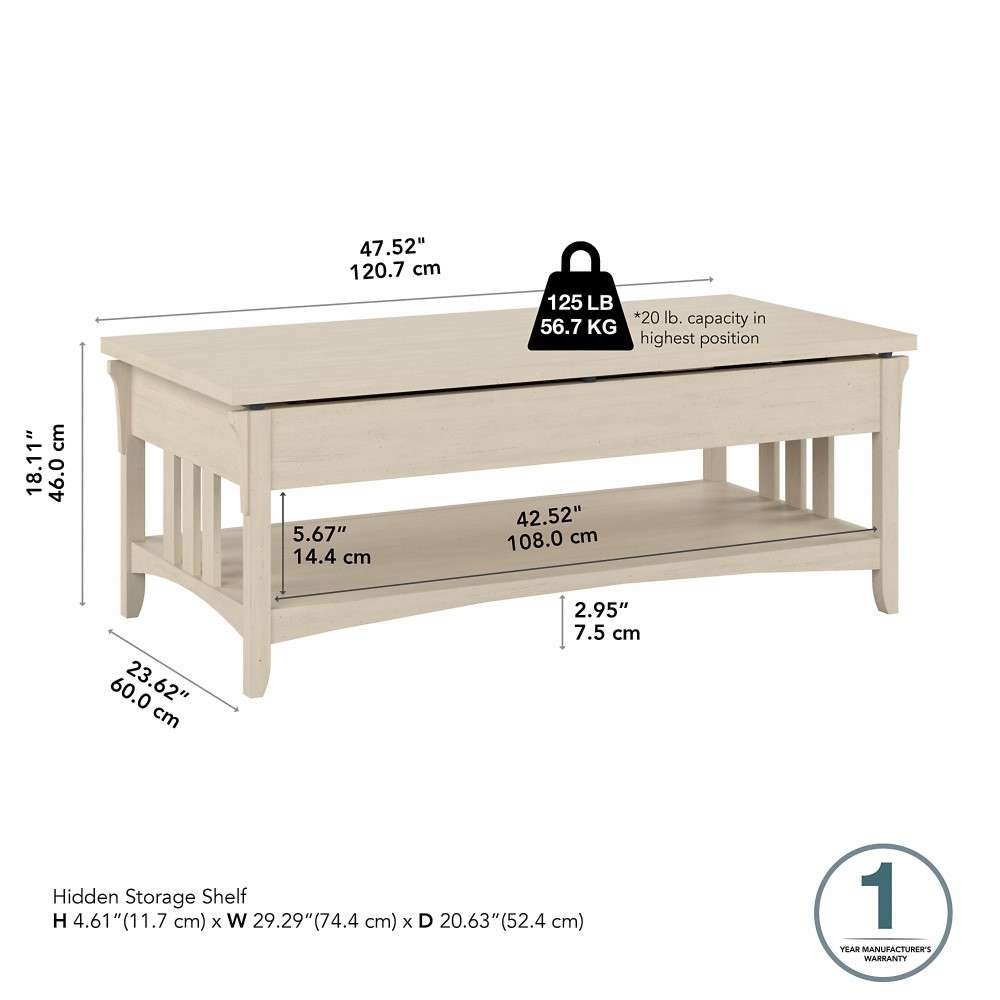 Bush Furniture - Salinas Lift Top Coffee Table Desk with Storage in Antique White - SAT348AW-03 veiw 5
