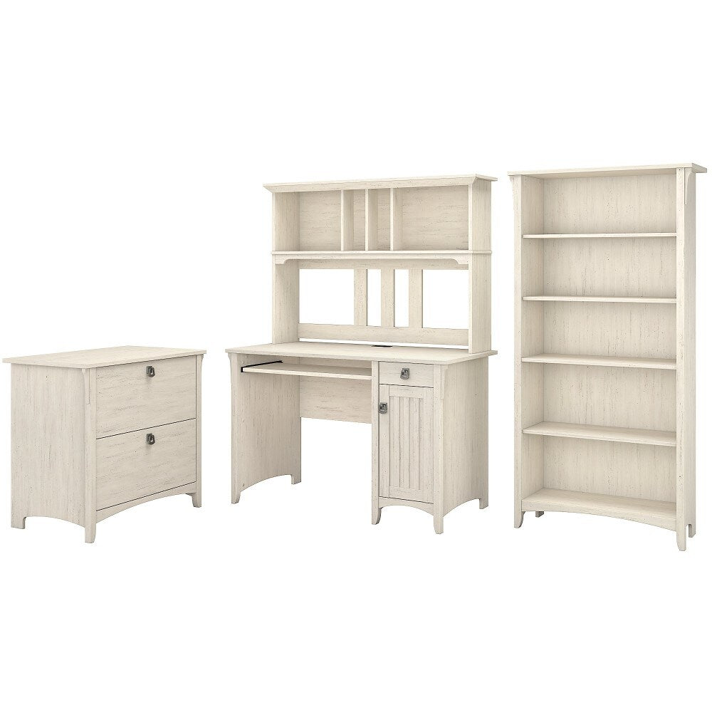 Bush Furniture - Salinas Mission Desk with Hutch, File Cabinet and 5 Shelf Bookcase in Antique White - SAL002AW veiw 1