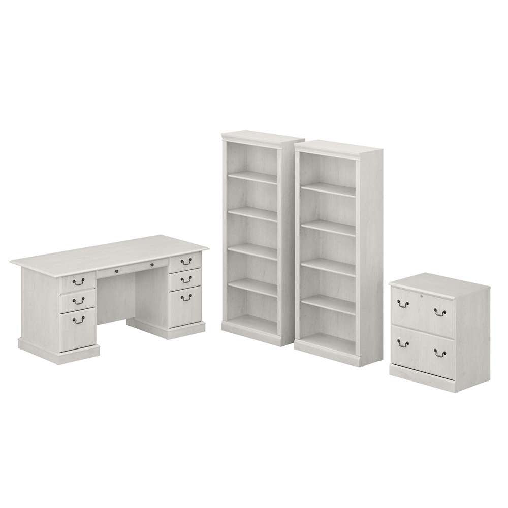 Bush Furniture - Saratoga Executive Desk with File Cabinet and Bookcase Set in Linen White Oak - SAR001LW veiw 1