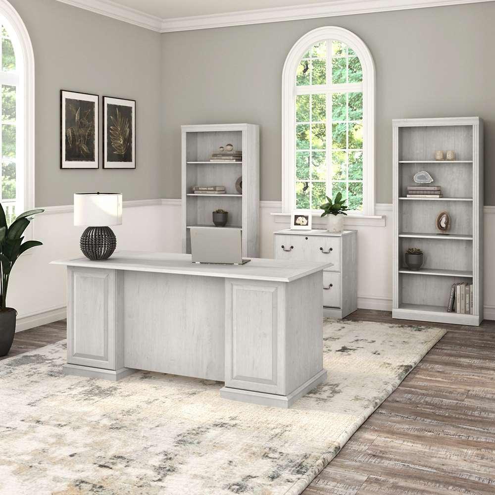 Bush Furniture - Saratoga Executive Desk with File Cabinet and Bookcase Set in Linen White Oak - SAR001LW veiw 4