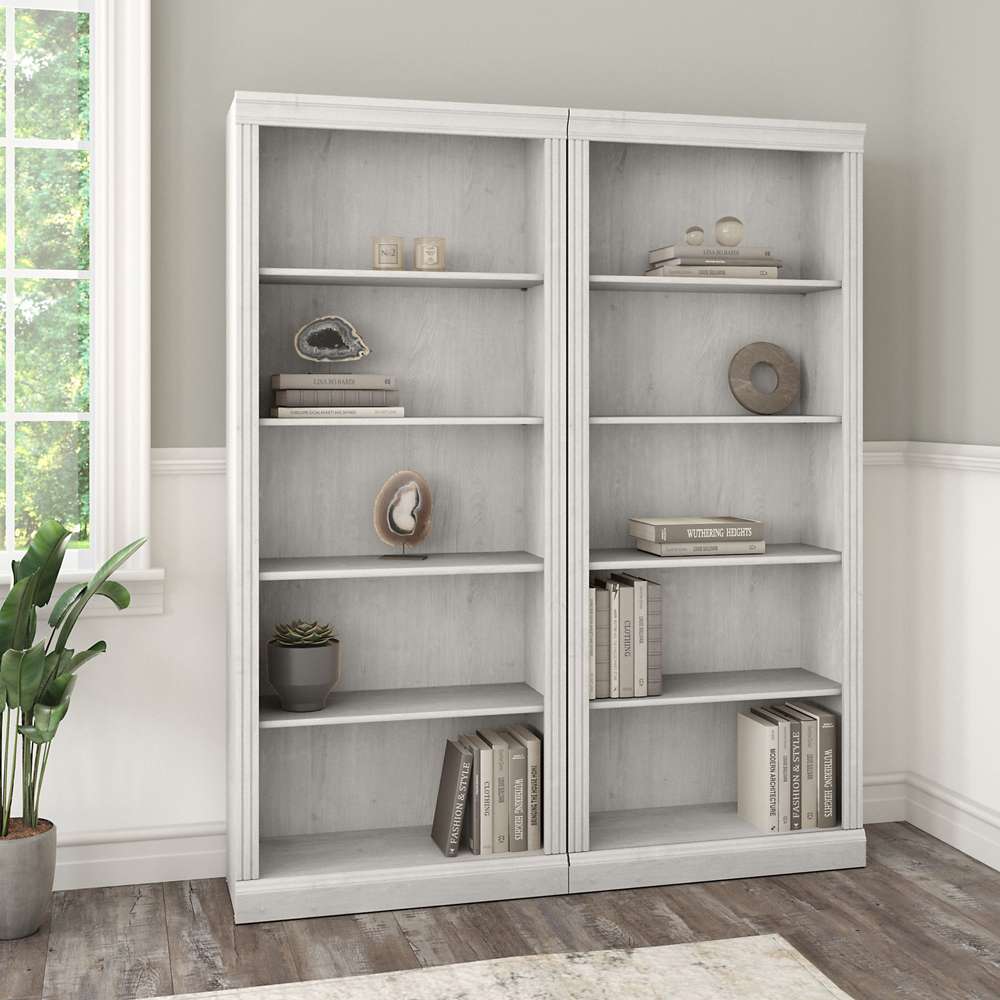Bush Furniture - Saratoga Tall 5 Shelf Bookcase (Set of 2) in Linen White Oak - SAR008LW veiw 4
