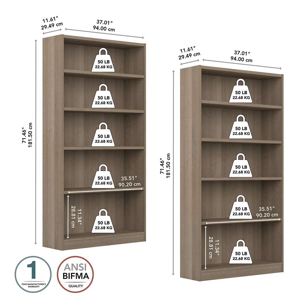 Bush Furniture - Universal 5 Shelf Bookcase in Ash Gray (Set of 2) - UB003AG veiw 5