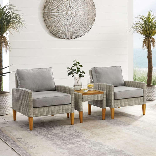 Crosley Furniture - Capella 3Pc Outdoor Wicker Chair Set Gray/Acorn - Side Table & 2 Armchairs - KO70195GY-AC veiw 1