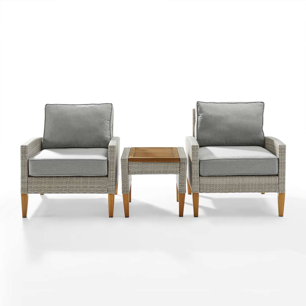 Crosley Furniture - Capella 3Pc Outdoor Wicker Chair Set Gray/Acorn - Side Table & 2 Armchairs - KO70195GY-AC veiw 3