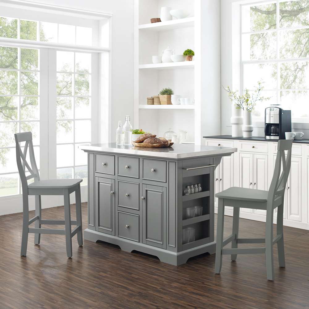 Crosley Furniture - Julia Stainless Steel Top Island W/X-Back Stools Gray/Gray - Island & 2 Stools - KF30064GY-GY veiw 1