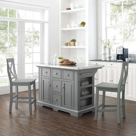 Crosley Furniture - Julia Stainless Steel Top Island W/X-Back Stools Gray/Gray - Island & 2 Stools - KF30064GY-GY veiw 1