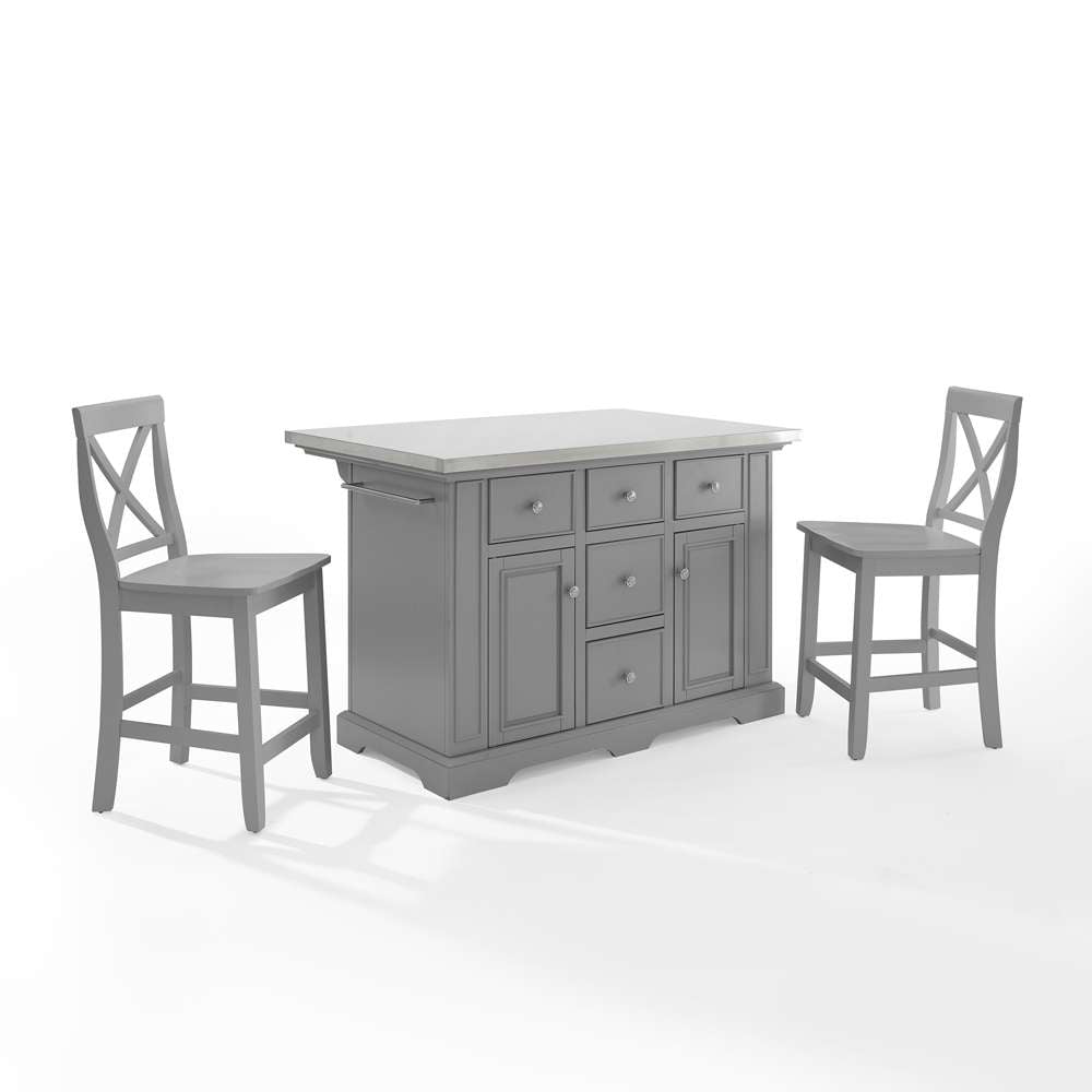 Crosley Furniture - Julia Stainless Steel Top Island W/X-Back Stools Gray/Gray - Island & 2 Stools - KF30064GY-GY veiw 2