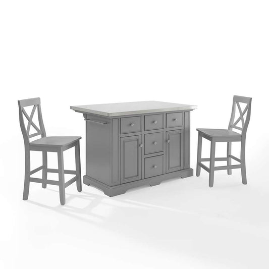 Crosley Furniture - Julia Stainless Steel Top Island W/X-Back Stools Gray/Gray - Island & 2 Stools - KF30064GY-GY veiw 2