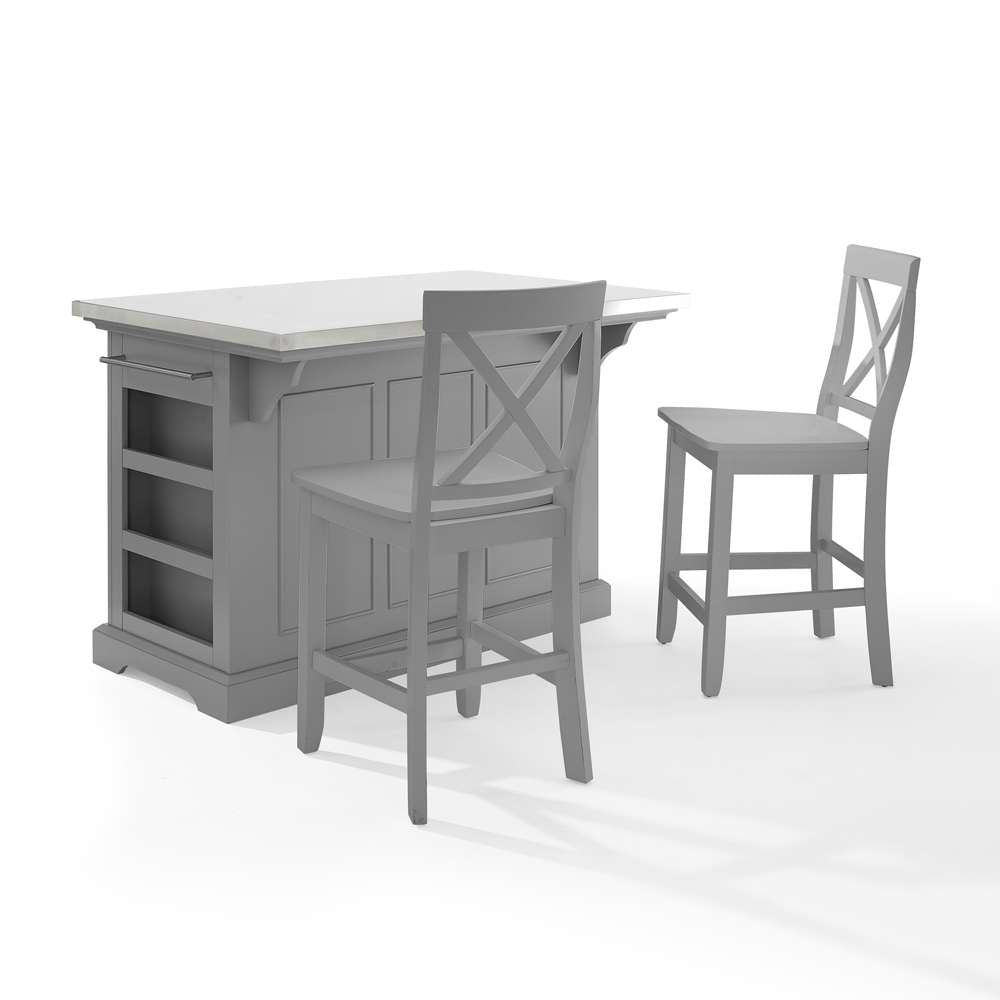 Crosley Furniture - Julia Stainless Steel Top Island W/X-Back Stools Gray/Gray - Island & 2 Stools - KF30064GY-GY veiw 3