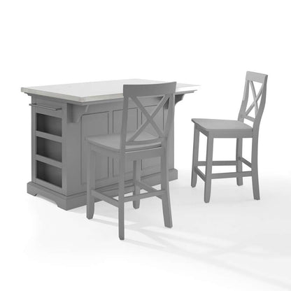 Crosley Furniture - Julia Stainless Steel Top Island W/X-Back Stools Gray/Gray - Island & 2 Stools - KF30064GY-GY veiw 3