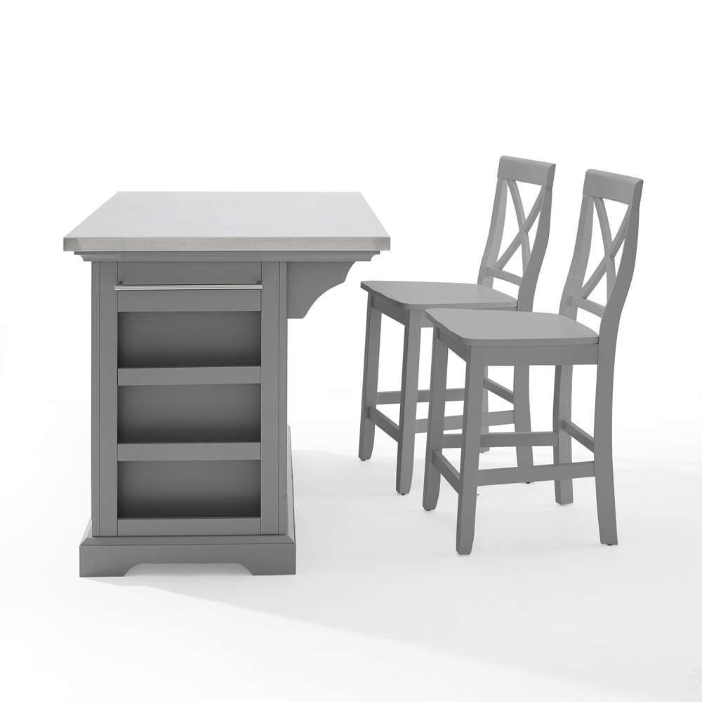 Crosley Furniture - Julia Stainless Steel Top Island W/X-Back Stools Gray/Gray - Island & 2 Stools - KF30064GY-GY veiw 4